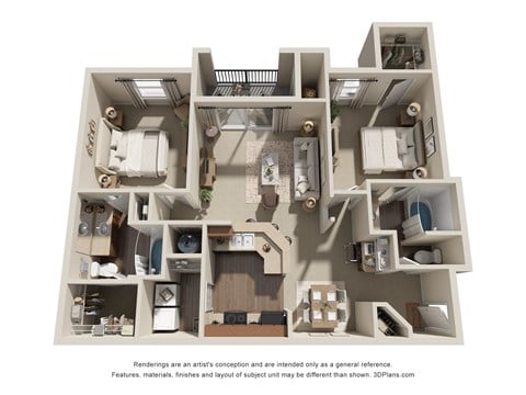 Floor plan for 2 beds, 2 baths, 1134 sqft